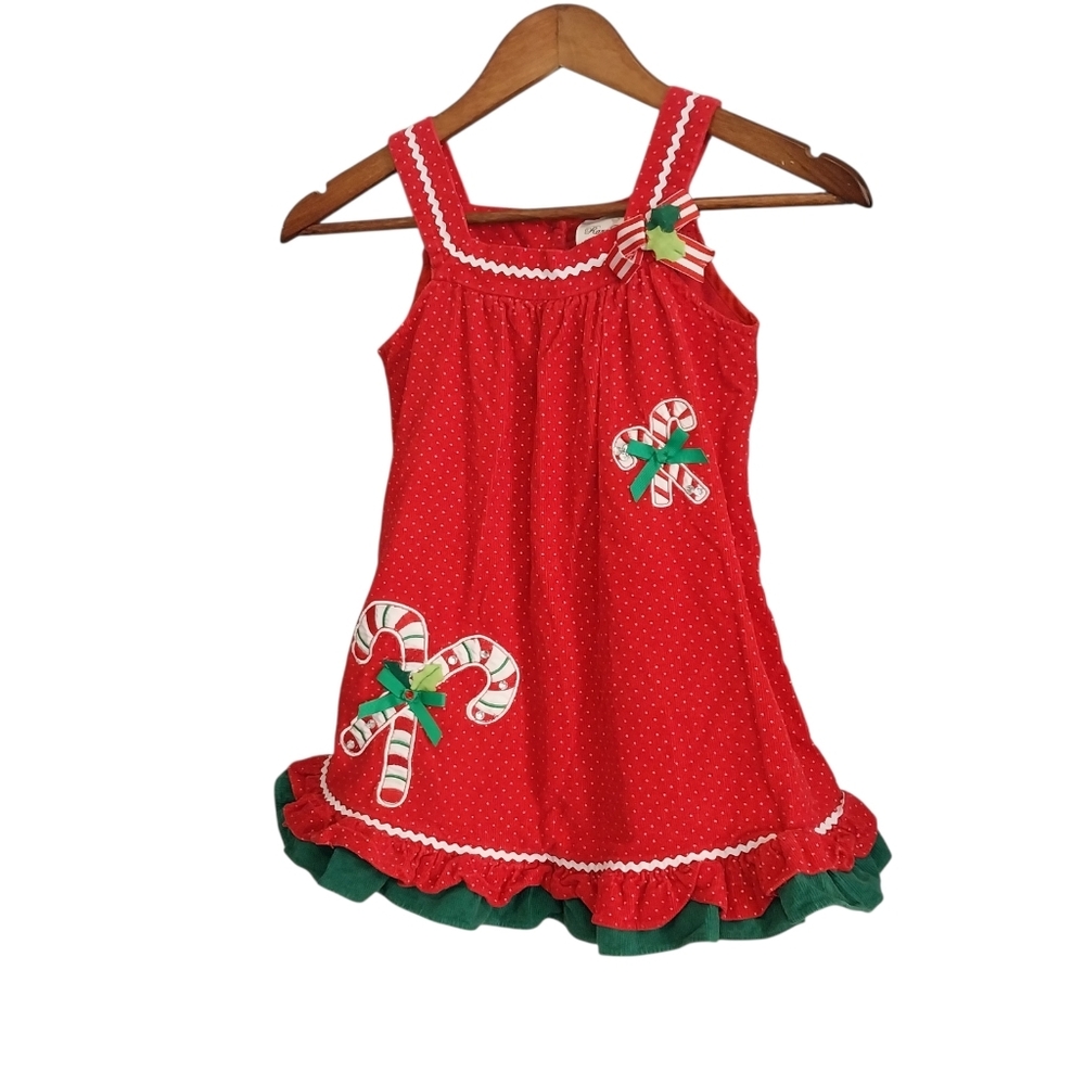 Vtg Rare Editions Girls Size 5 Red Corduroy Candy Cane Christmas Jumper Dress - Picture 2 of 12